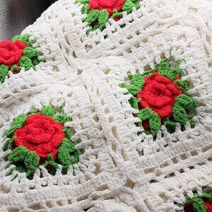 Vintage Handmade White Afghan Red Roses Granny Squares 64" wide by 102" long